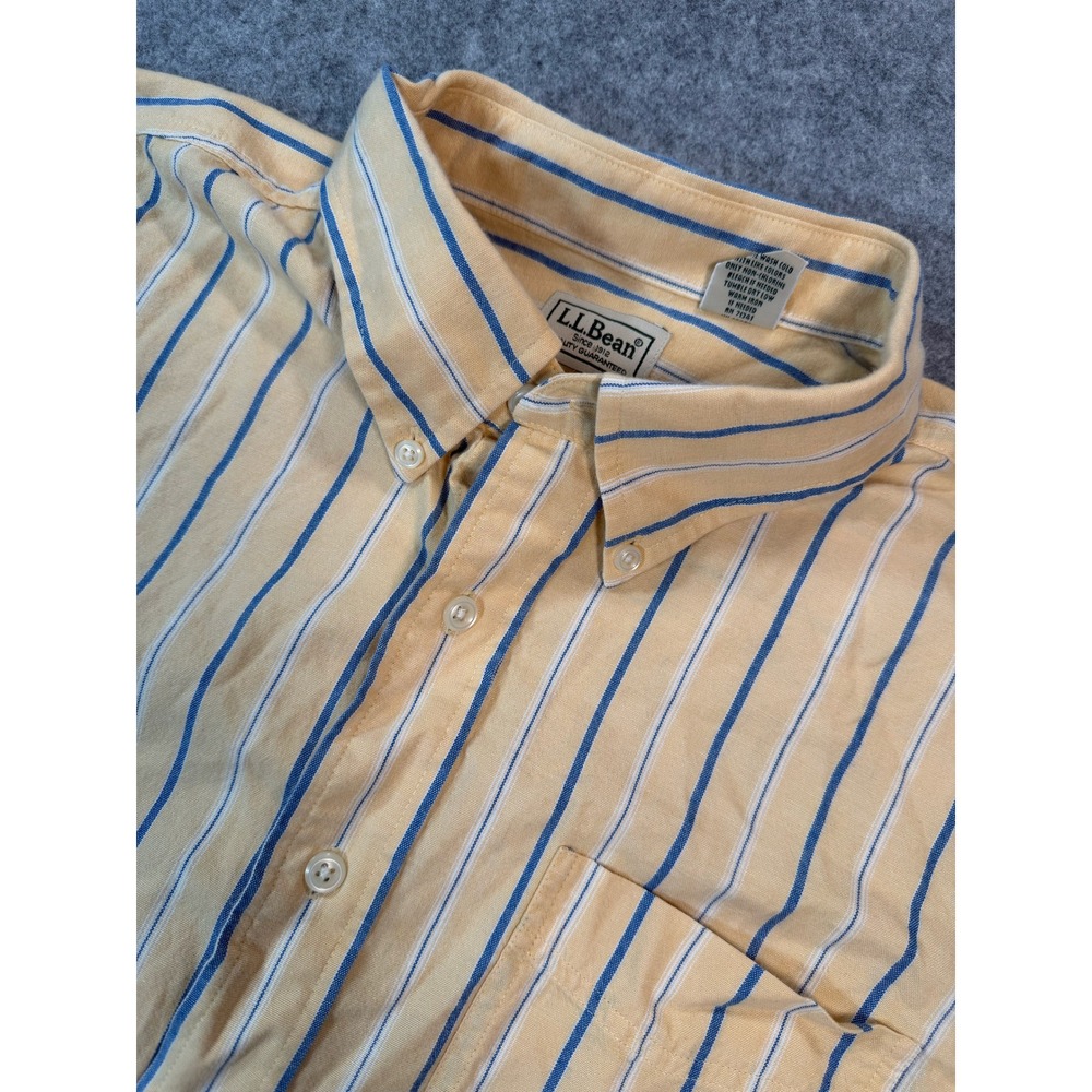 LL Bean Mens XL Short Sleeve Button Down Shirt Yellow Blue Striped Cotton XL